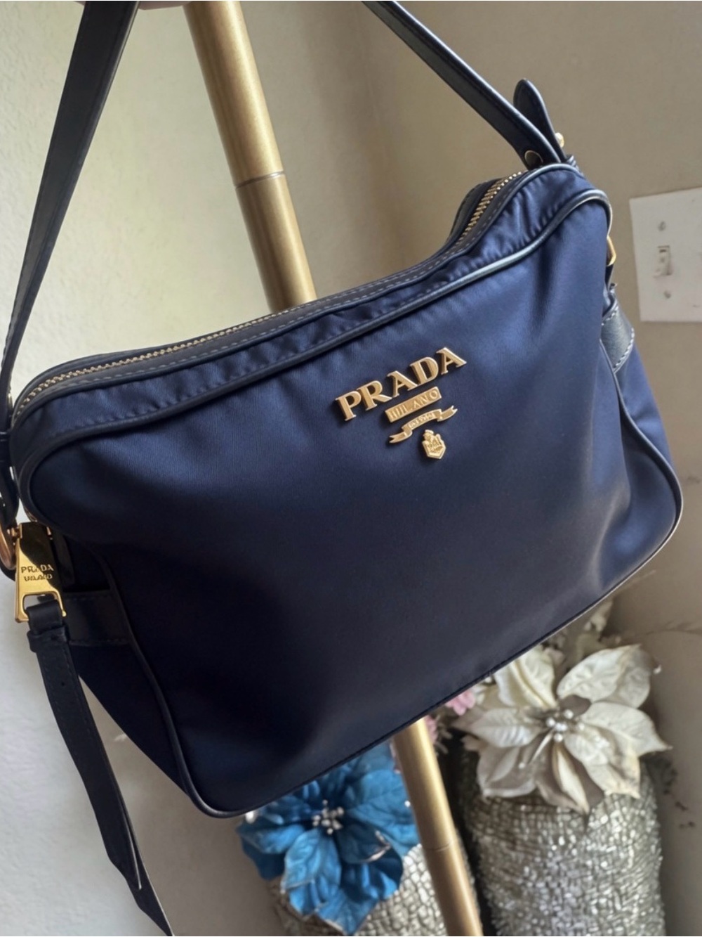 Prada Tessuto Black Nylon Crossbody with Gold Logo Hardware